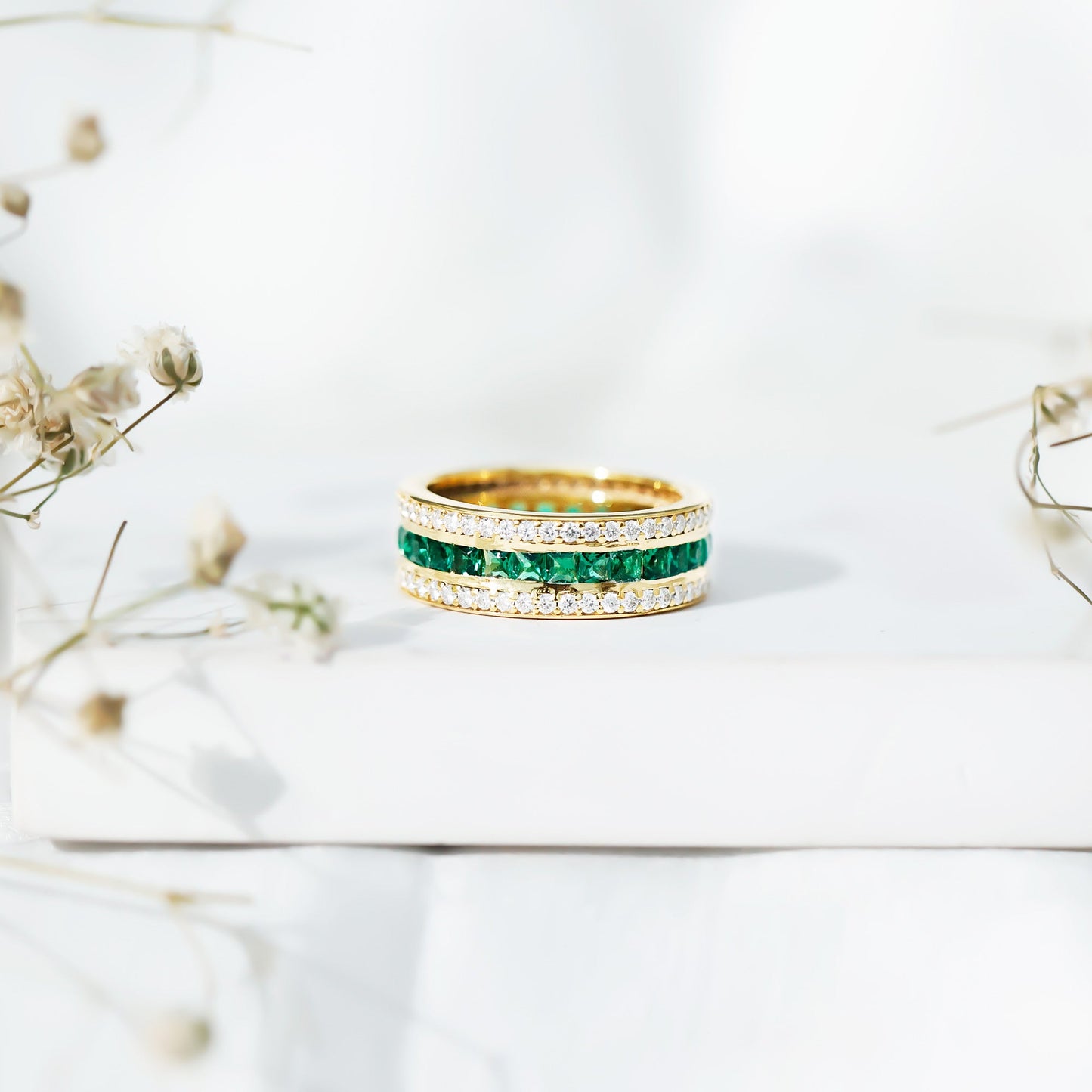 Certified Lab Grown Emerald 3 Row Eternity Wedding Band