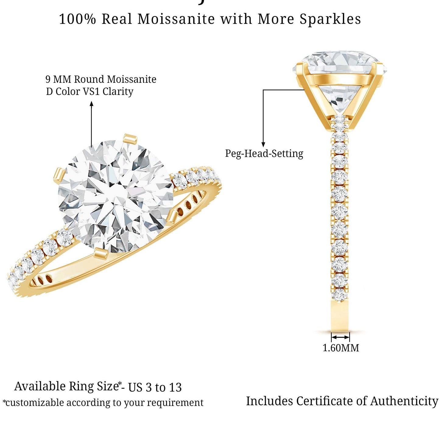 3 Carat Brilliant Cut Moissanite Classic Engagement Ring In Gold Plated Silver