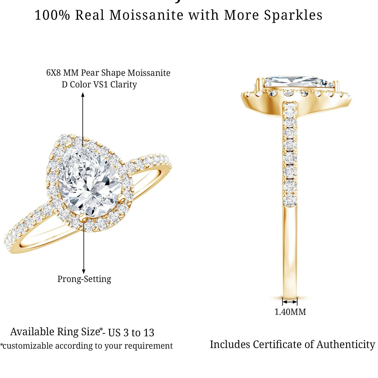 Pear Shape Moissanite Halo Engagement Ring for Women