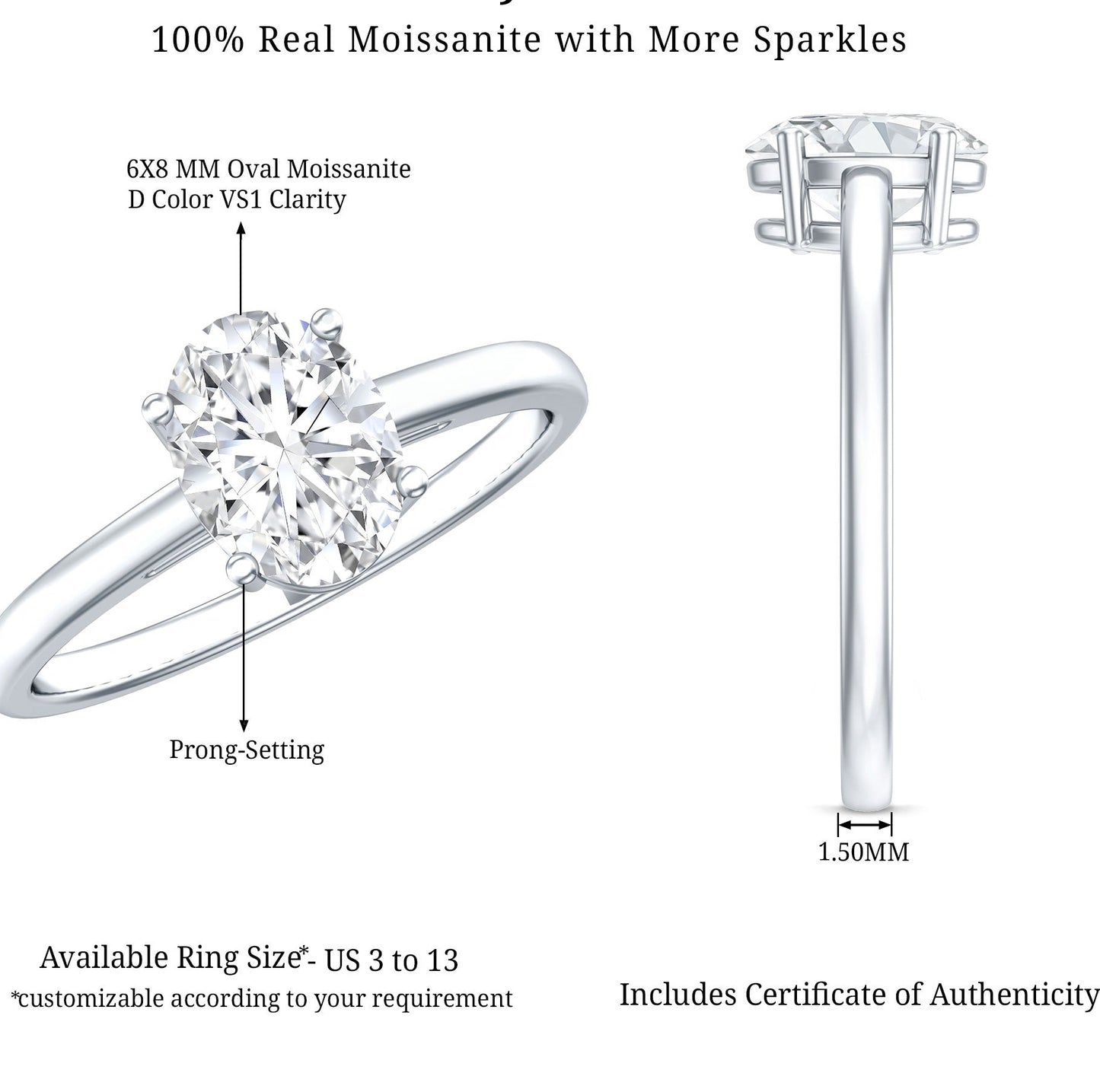 Certified 6X8mm Solitaire Moissanite Oval Engagement Ring