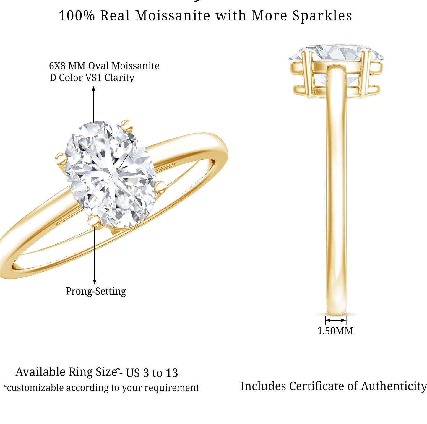 Certified 6X8mm Solitaire Moissanite Oval Engagement Ring