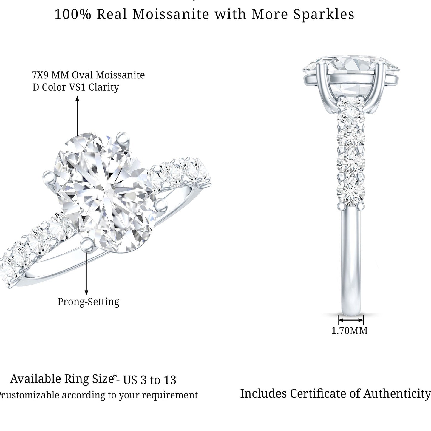 Certified 2 Carat Moissanite Oval Engagement Ring with Side Stones